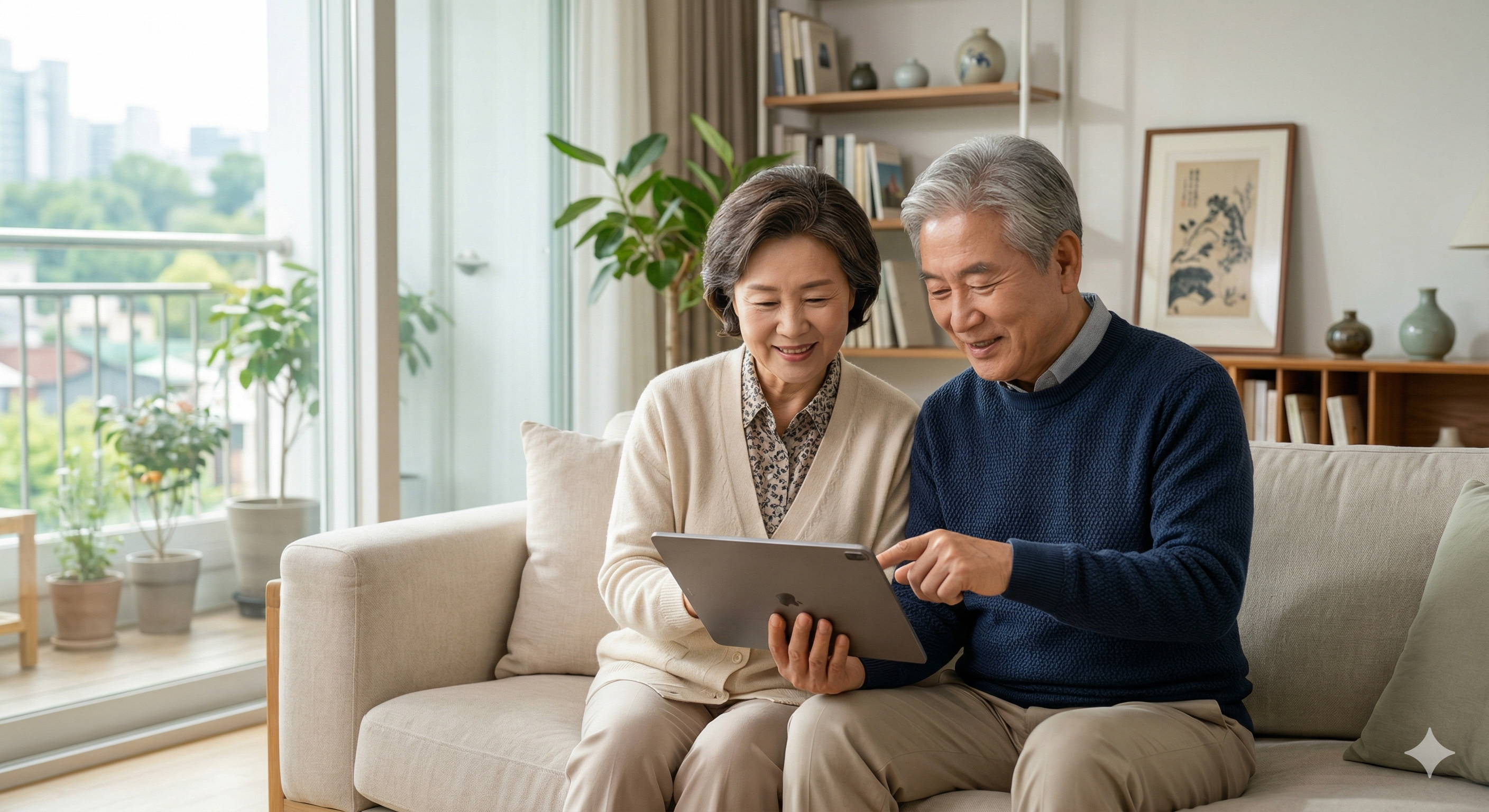 햇살이 잘 드는 거실에서 밝은 표정으로 태블릿 PC를 보며 기초연금 수급 자격을 확인하는 60대 후반의 행복한 한국인 부부 모습. 노후 준비에 대한 안도감과 정보 습득의 즐거움이 느껴지는 고해상도 라이프스타일 사진