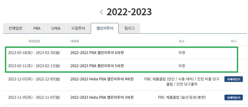 프로당구 3부리그 - 챌린지투어 경기 대회일정