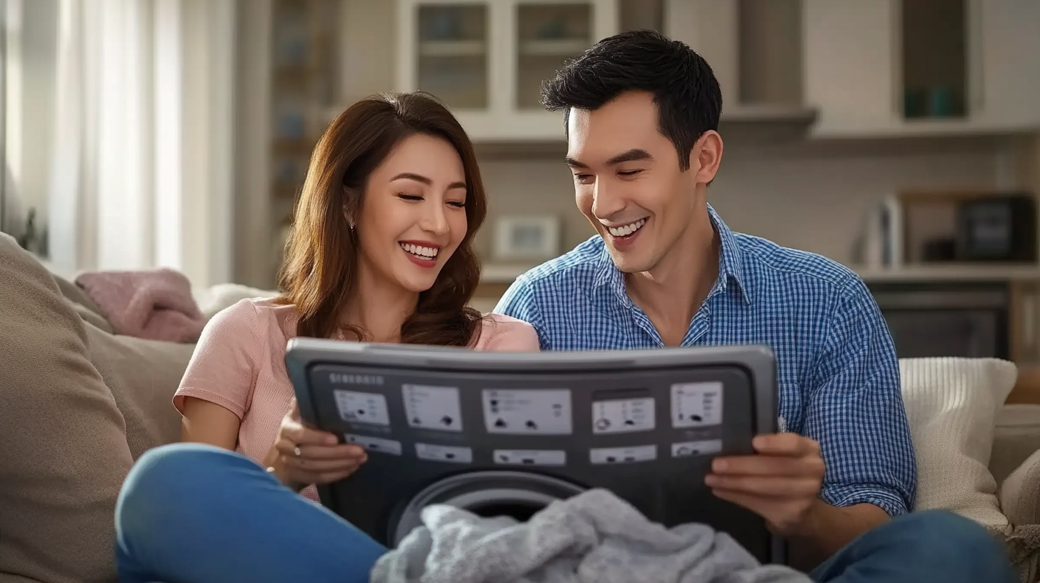 삼성 세탁기의 사용자 리뷰를 읽으며 긍정적인 표정을 짓는 소비자의 모습을 통해 제품에 대한 만족감을 드러내는 장면입니다.