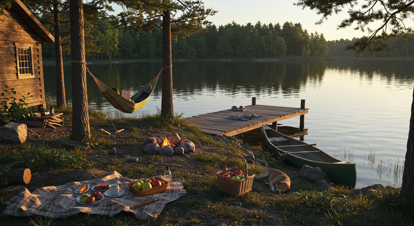 A peaceful weekend afternoon at a cozy lakeside cabin surrounded by pine trees, with a wooden deck extending over calm, reflective water. A person is lounging in a hammock tied between two trees, reading a book, while a small campfire crackles nearby. A canoe is tied to a wooden dock, and a dog naps beside it. Sunlight filters gently through the trees, casting soft shadows. A picnic basket with fruits and sandwiches rests on a blanket. The air feels warm and fresh, with the scent of pine and smoke blending gently. Light ripples move across the lake&rsquo;s surface, and birds can be heard chirping in the background.