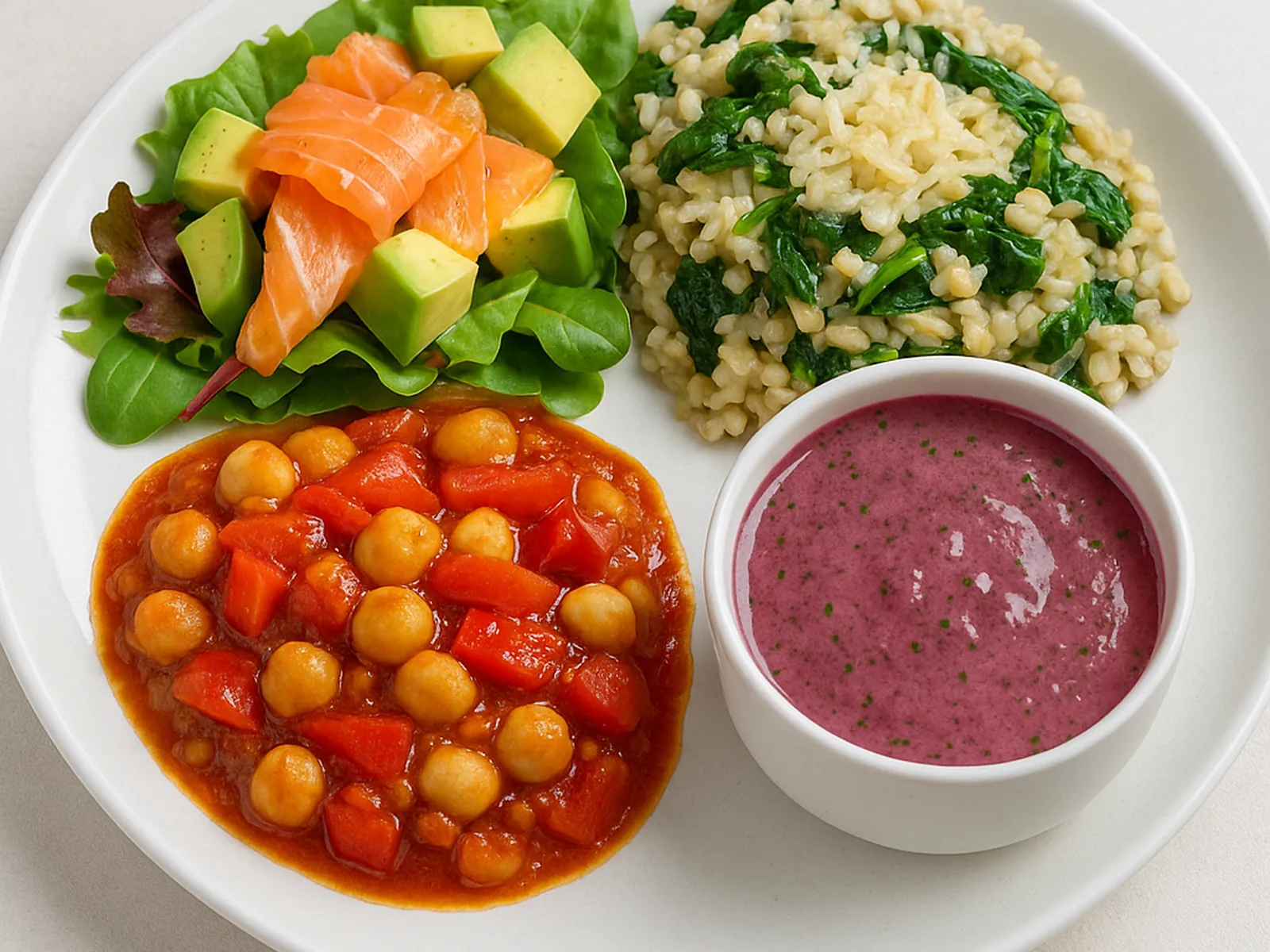 심장 건강 식단(연어·아보카도 샐러드, 시금치 귀리 리조또, 병아리콩 스튜, 베리·시금치 스무디)