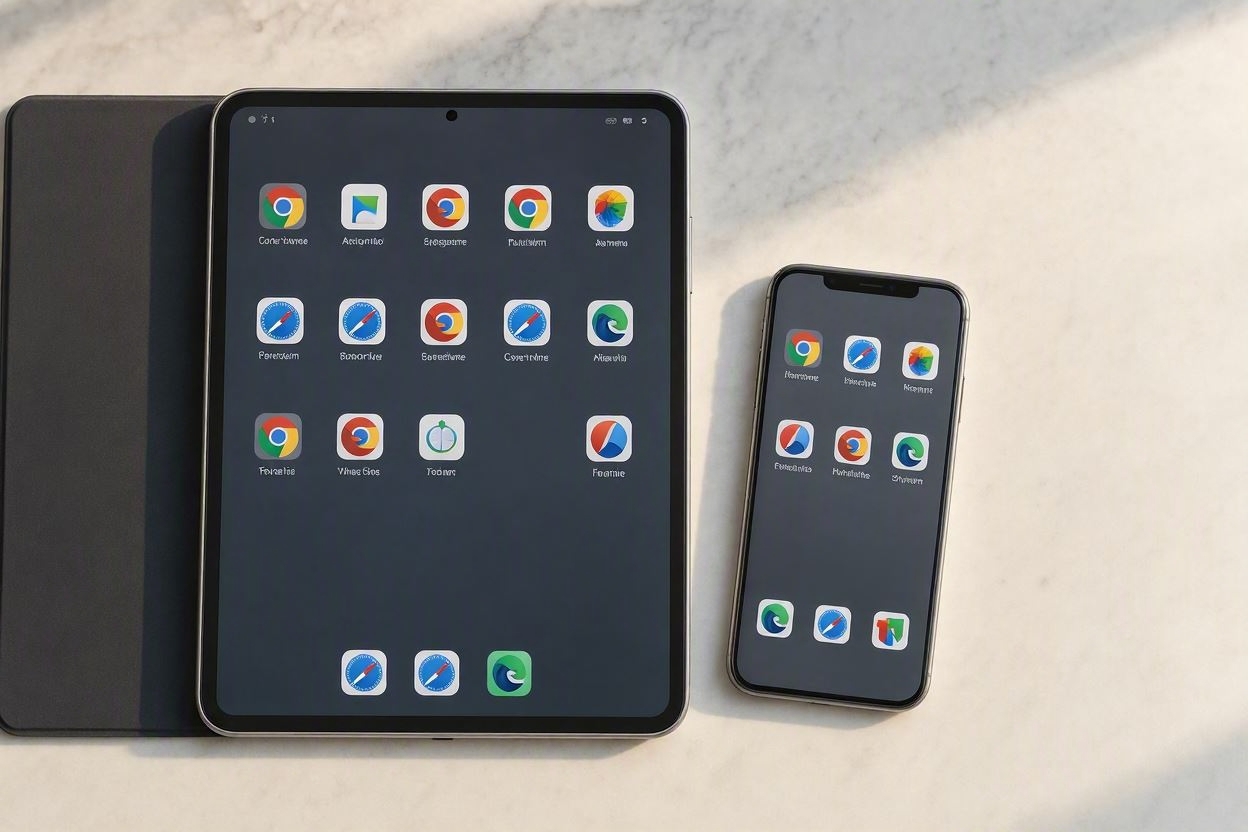 Tablets and smartphones displaying official native AI browsers and secure digital tools.