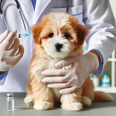 병원에 가서 백신 접종을 하는 아기 강아지