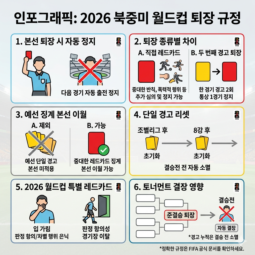 2026 북중미 월드컵 퇴장 규정|다음 경기 출전정지·경고 리셋·예선 징계 이월 인포그래픽