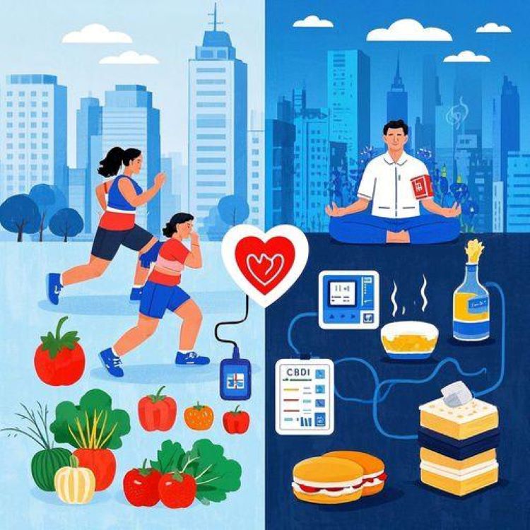 혈압 관리를 위한 두 가지 대조적인 생활 습관을 보여주는 분할 화면 구성. 왼쪽에는 건강한 습관: 야외에서 운동하는 사람, 신선한 야채와 과일, 정상 수치를 보여주는 혈압 모니터, 평화롭게 명상하는 사람. 오른쪽: 고나트륨 가공식품, 스트레스를 받는 사람, 담배와 술, 높은 수치를 보여주는 혈압계. 이미지는 파란색과 흰색의 배색으로 의학적이고 교육적인 느낌을 주어야 합니다. 심장 아이콘과 혈압 게이지 시각화를 포함하세요.