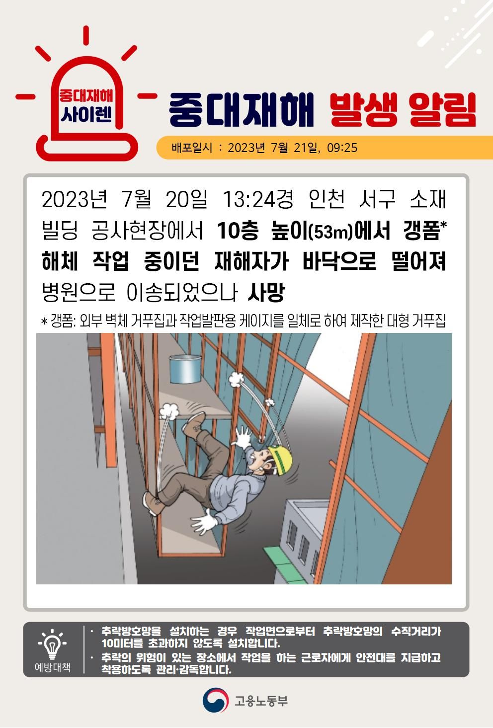 갱폼해체 작업 중 바닥으로 떨어짐(53m)