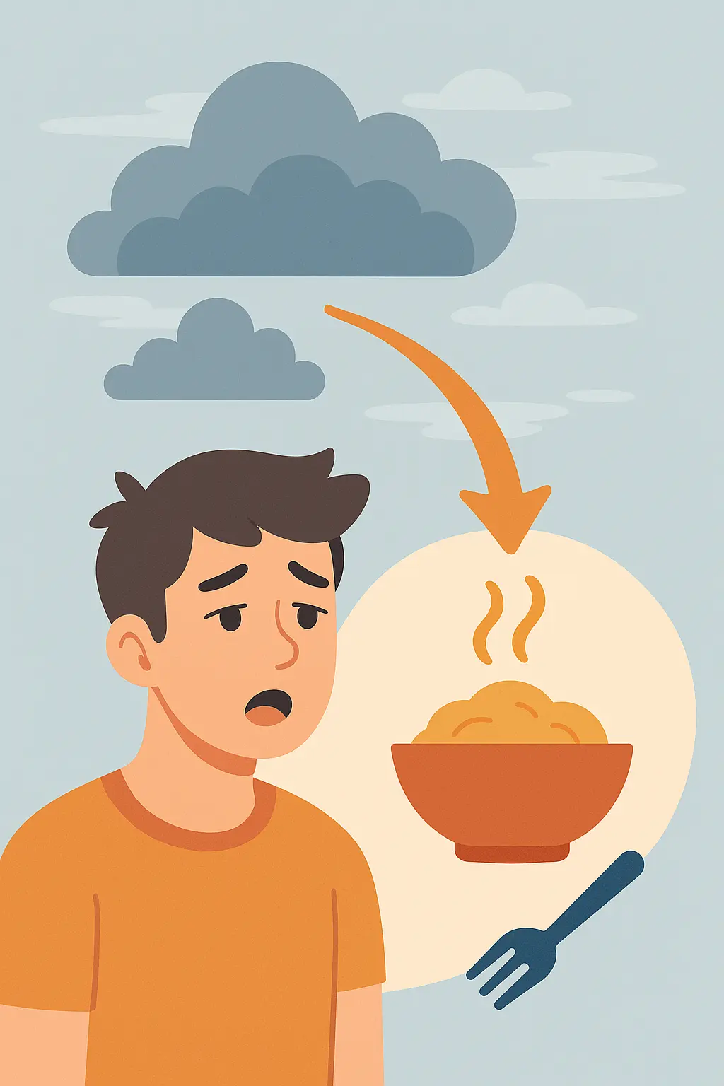 회색-구름이-드리운-하늘-아래-호기심-어린-표정의-사람이-따뜻한-수프-그릇을-바라보며-흐린-날씨에-증가하는-식욕을-시각적으로-표현한-인포그래픽