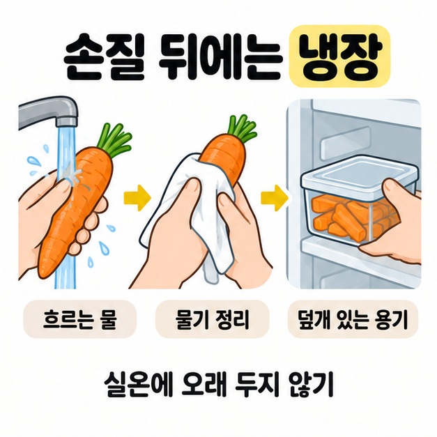 흐르는 물로 당근을 씻고 물기를 정리한 뒤 손질한 당근을 덮개 있는 용기에 담아 냉장고에 넣는 순서