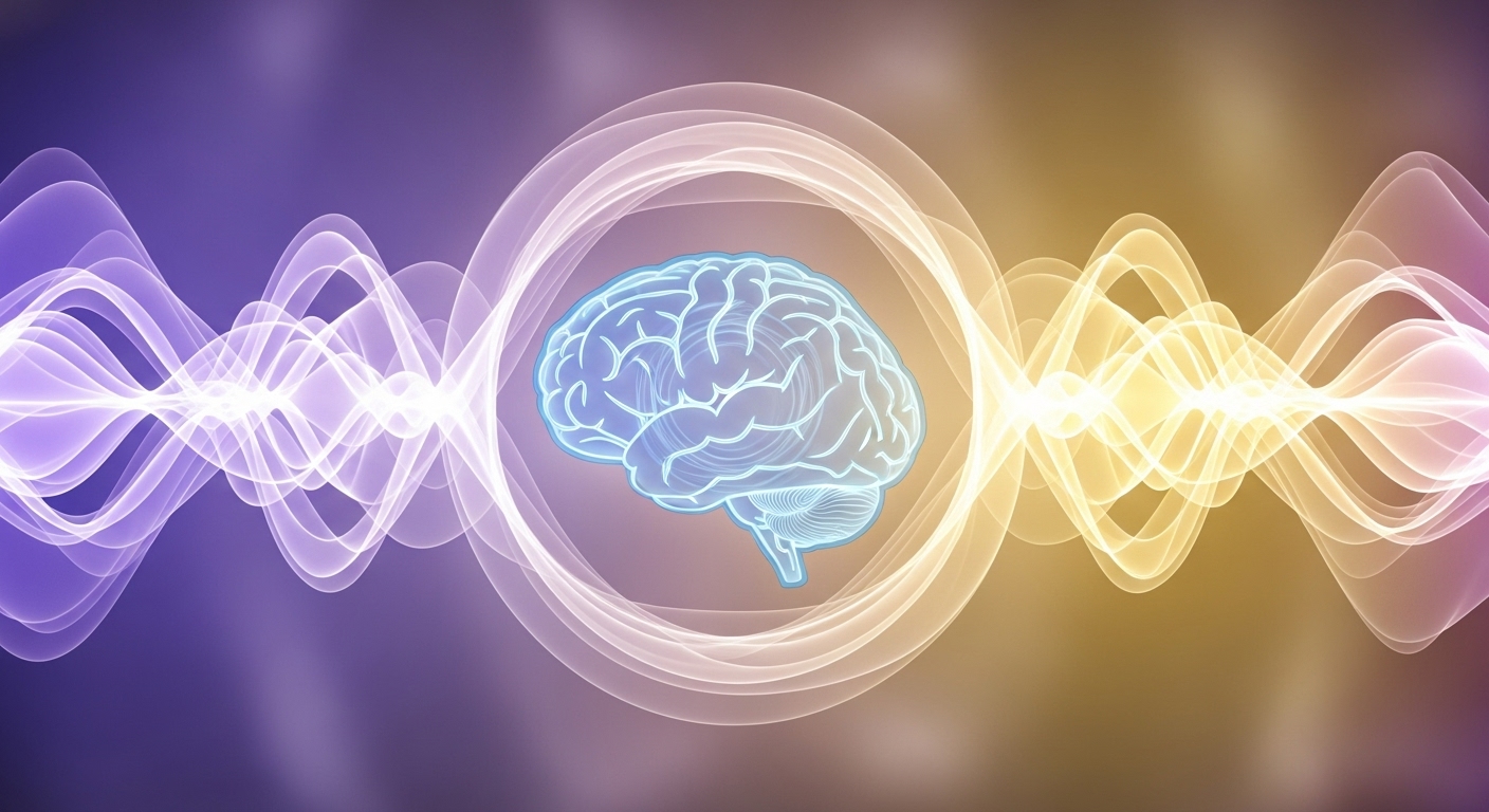 평화로운 뇌 아이콘 주변으로 부드러운 음파가 퍼져나가며 뇌를 이완시키는 추상적인 이미지, 명상 음악 효과