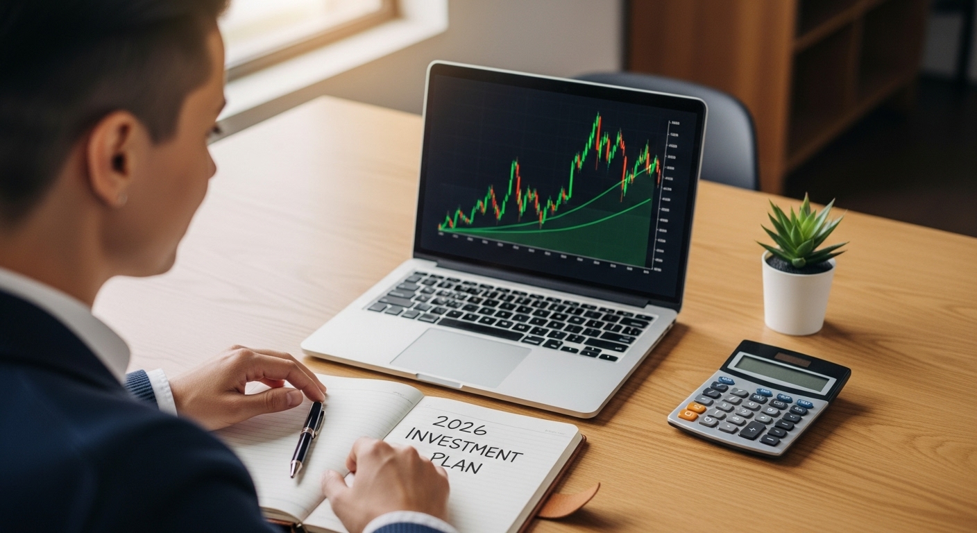 노트북으로 투자 전략을 신중하게 검토하며 2026년 재테크 계획을 세우는 사람.