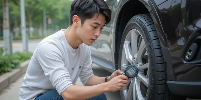 디지털 타이어 공기압 게이지로 타이어 측정하는 장면