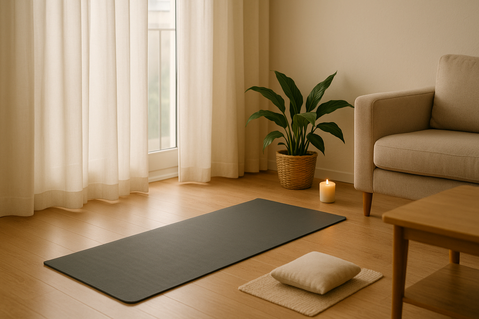 아파트 거실에 요가 매트와 식물이 놓인 조용한 명상 공간