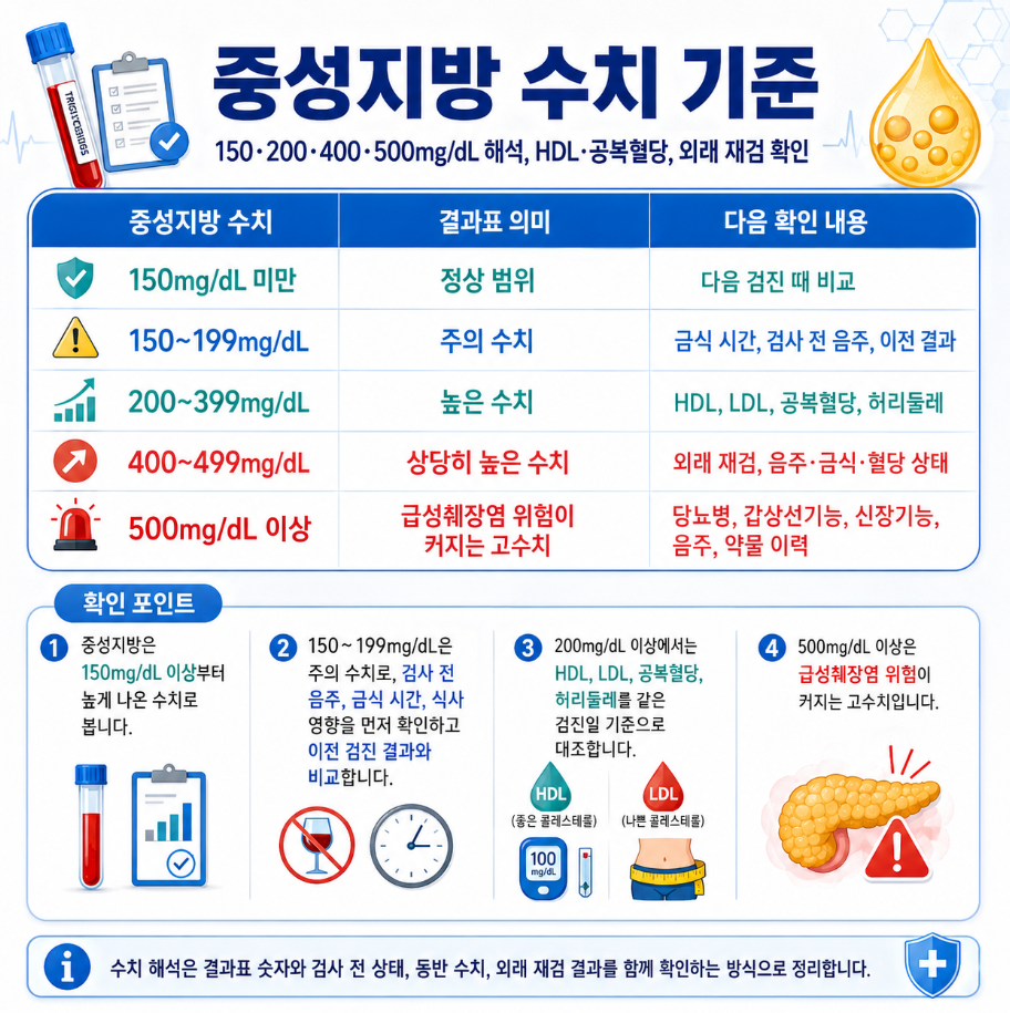 중성지방 수치 기준별 정상·주의·높은 수치·고수치 구분과 HDL, 공복혈당, 외래 재검 확인 내용을 정리한 메디컬 인포그래픽