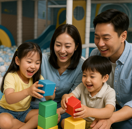 키즈카페에서 블럭놀이를 하고 있는 가족 모습