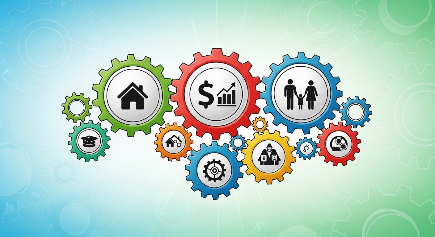 주택, 금융, 가족 지원 등 정부 정책 아이콘들이 톱니바퀴처럼 유기적으로 연결되어 시너지를 내는 모습의 현대적인 일러스트. 정책 간의 통합과 효율성을 강조합니다.