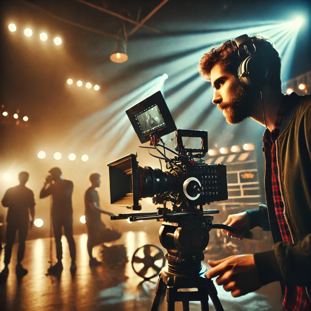 영화감독이 영화세트장에서 촬영하고 있는 사진