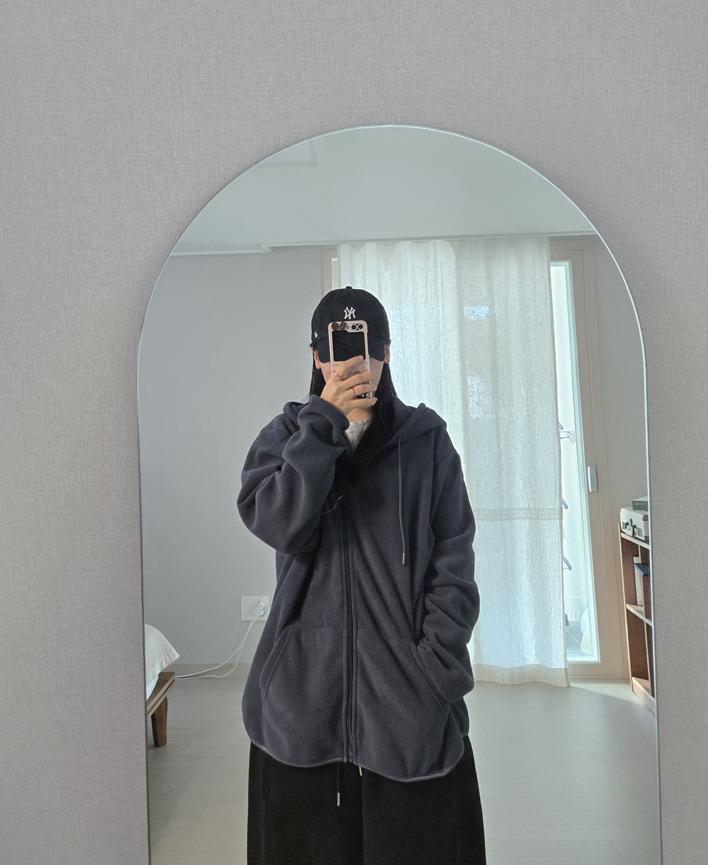 다이소 플리스 후드집업 160cm 52kg 착샷