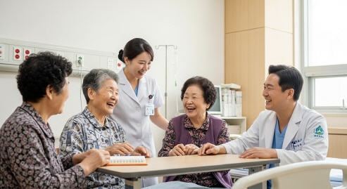 병실에서 함께 웃으며 대화 나누는 고령층 환자와 의료진 모습