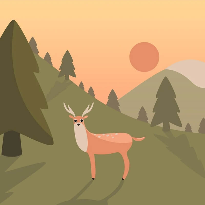 숲에 뿔 달린 사슴이 서 있는 그림