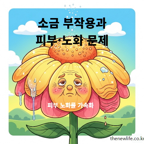 소금을 많이 먹으면 피부 수분이 부족해지고 피부 노화와 주름이 가속화되는 과정을 표현한 이미지