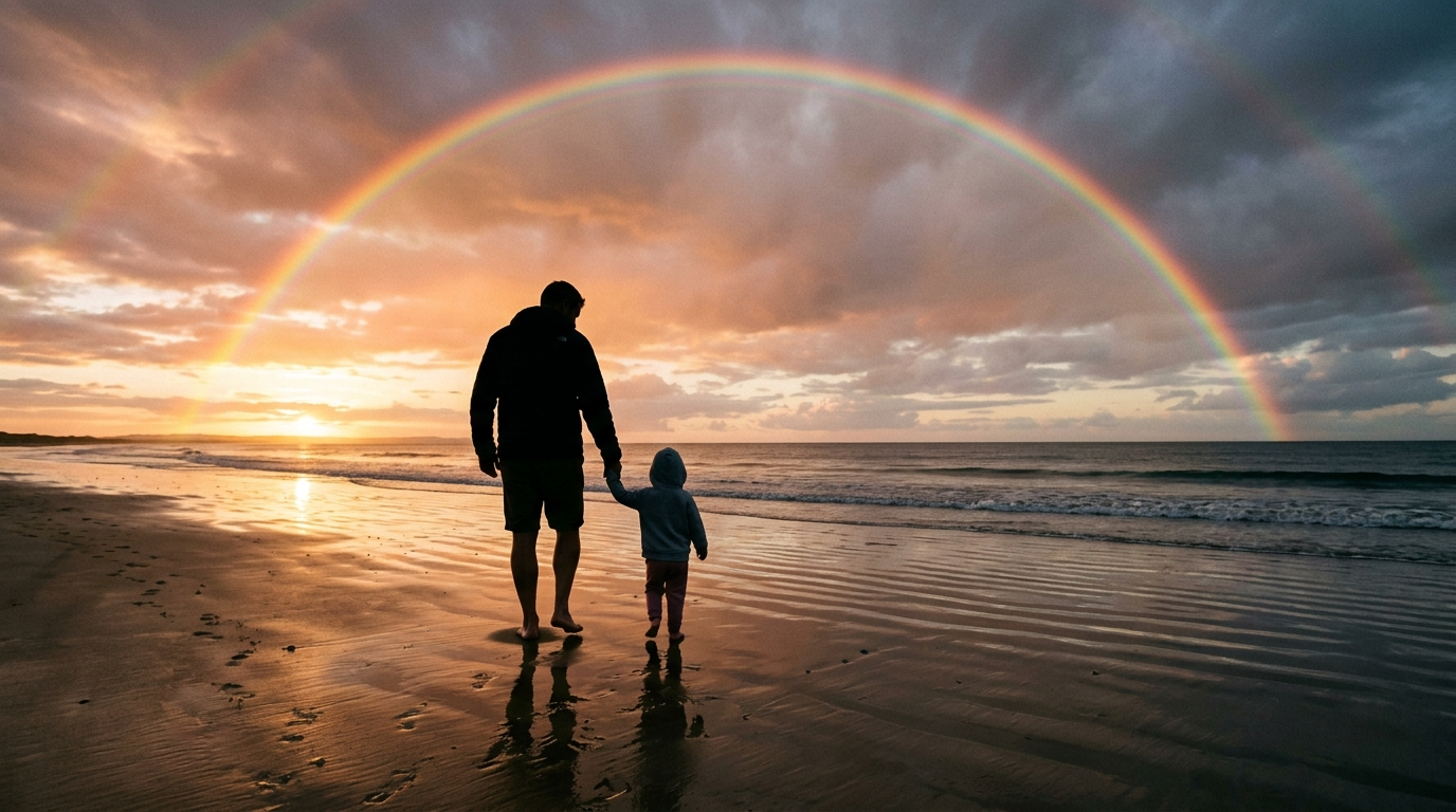 거친 파도가 지나간 뒤 무지개 뜬 바다를 보며 아이의 손을 잡고 든든하게 서 있는 아빠의 뒷모습