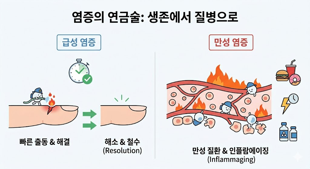 염증의 두 가지 얼굴을 비교한 이미지입니다. 왼쪽은 급성 염증으로, 작은 소방관들이 손가락 상처의 불을 끄고 완치되는 과정입니다. 오른쪽은 만성 염증으로, 혈관 내에 지속적인 불이 나고 있으며, 햄버거, 술, 스트레스, 노화가 원인입니다.