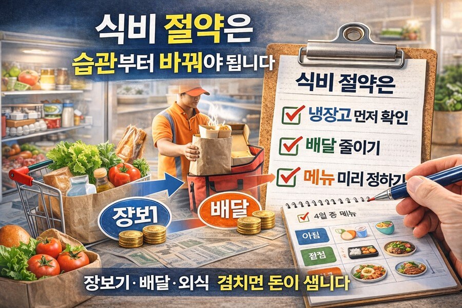 장보기와 배달, 외식 소비가 동시에 겹치면서 식비가 늘어나는 구조를 설명하는 이미지