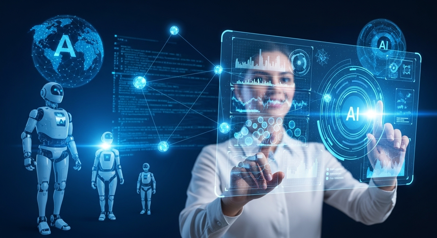 미래 산업을 선도하는 AI 기술과 혁신을 상징하는 이미지. 사람이 홀로그램 인터페이스로 데이터와 로봇을 조작하며 첨단 기술에 참여하는 모습.