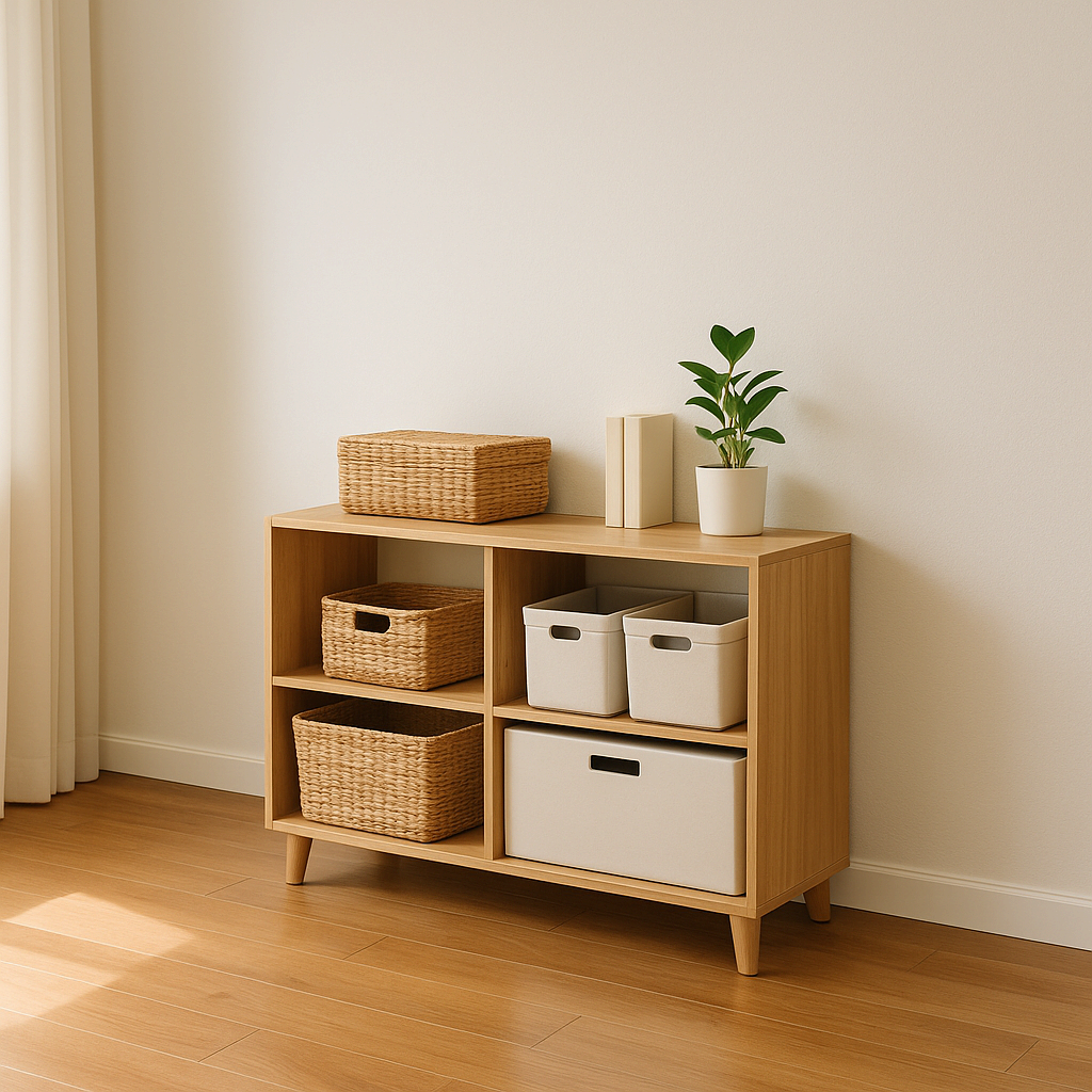 바닥이 드러나고 수납장이 정돈된 깔끔한 공간