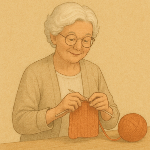 부드러운 미소를 지으며 두 손으로 나무 바늘을 이용해 정성스럽게 뜨개질을 하는 모습