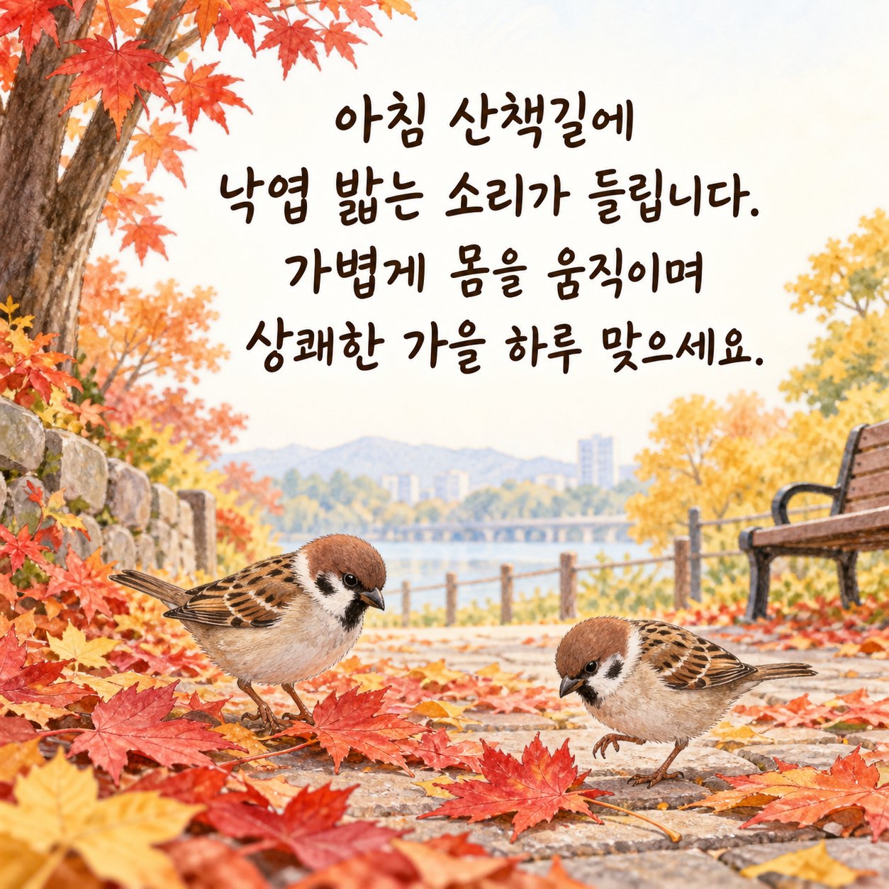가을 아침 인사 이미지 13 — 아침 산책길에 낙엽 밟는 소리가 들립니다. 가볍게 몸을 움직이며 상쾌한 가을 하루 맞으세요.