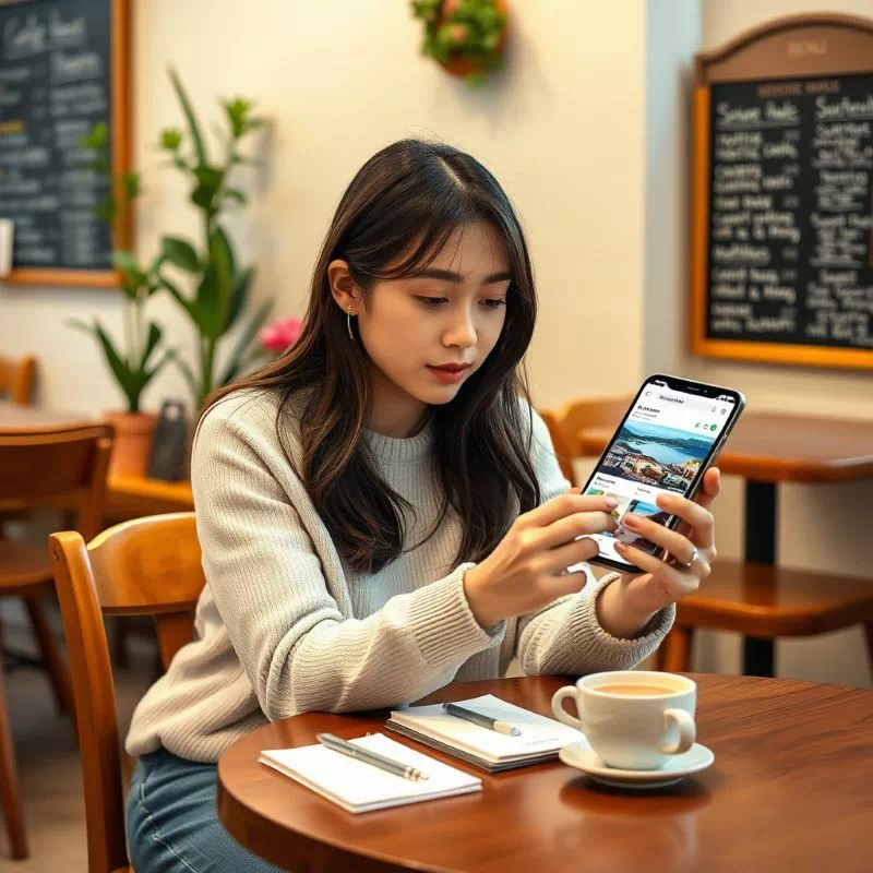 스마트폰으로 여러 숙소 예약 사이트를 비교하며 최적의 숙소를 찾는 여행자