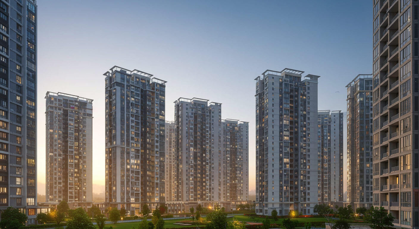 여러 고층 아파트가 줄지어 서있다