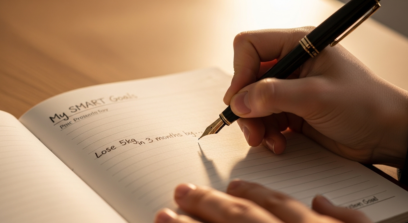 한 사람이 자신의 SMART 목표를 달성하기 위해 플래너에 구체적인 계획을 꼼꼼하게 작성하고 있는 모습