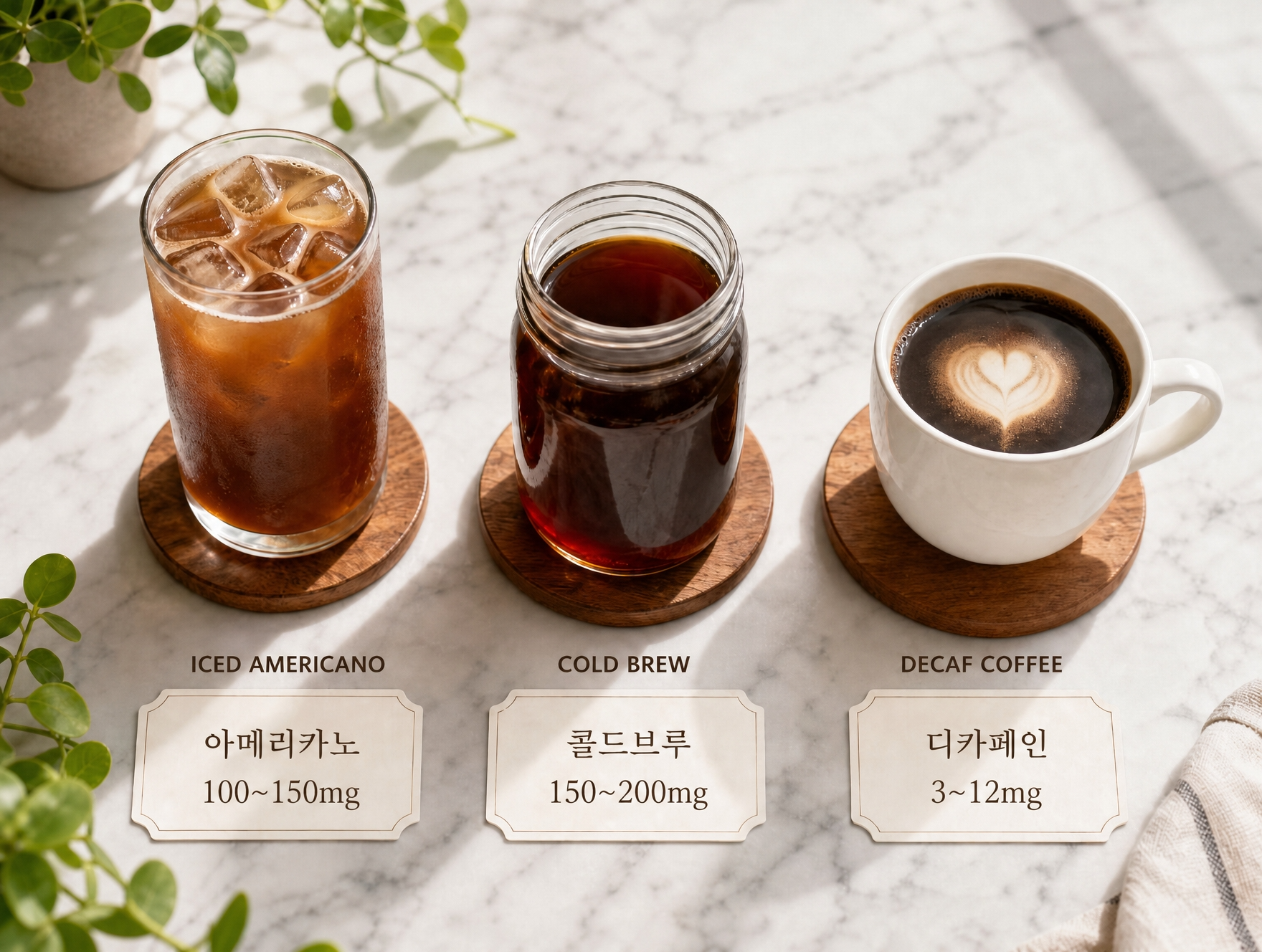 아메리카노, 콜드브루, 디카페인 , 각 음료의 카페인 함량 차이