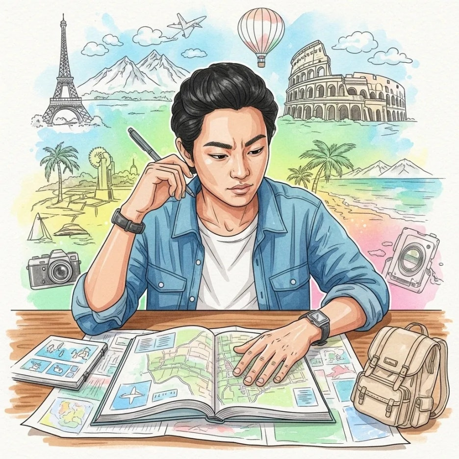 지도와 함께 여행 계획을 세우는 여행자
