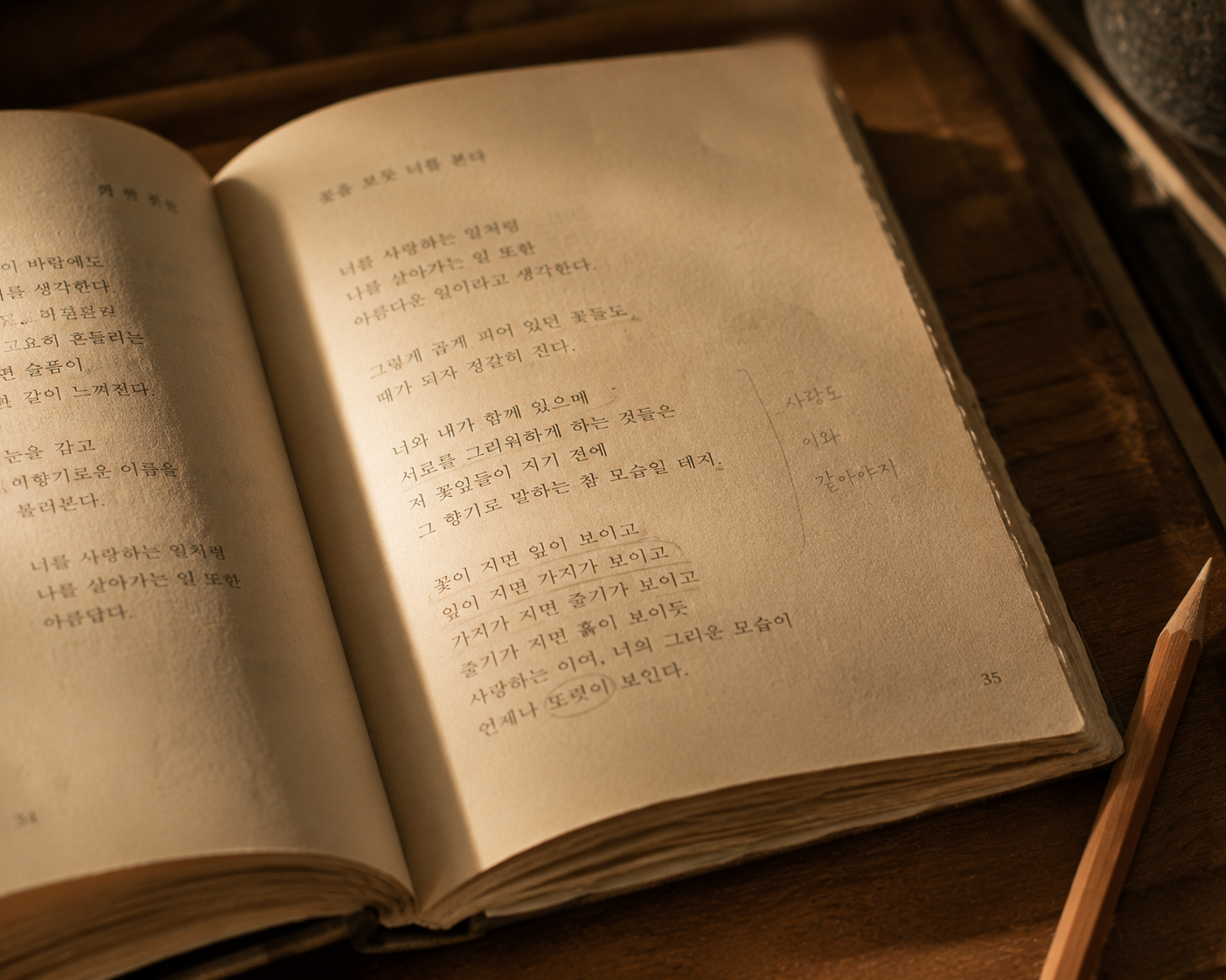 원목 책상 위 펼쳐진 오래된 시집, 밑줄과 연필 메모가 남겨진 노르스름한 종이 페이지와 그 옆에 놓인 나무 연필
