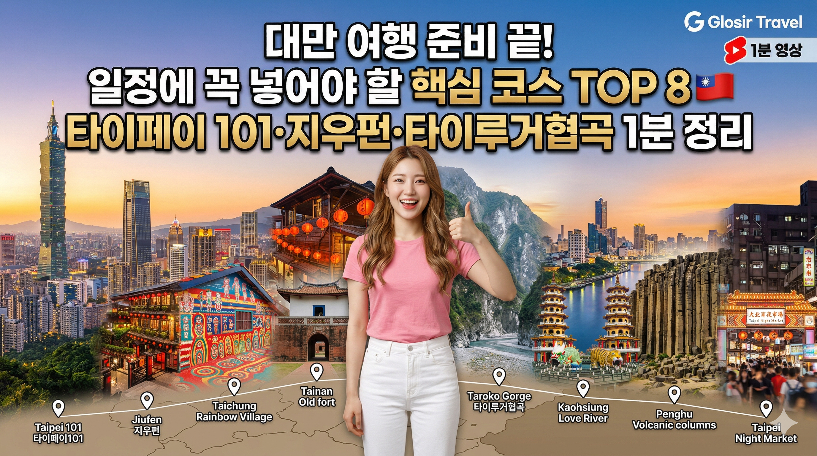 대만의 8개 핵심 여행지가 역동적으로 합성된 파노라마 메인 커버 이미지. 중앙에는 갈색 웨이브 머리를 한 예쁜 한국 여성 여행자가 서 있다. 그녀는 핑크색 반팔티와 화이트 일자 청바지를 입고 카메라를 향해 환하게 웃으며 양손으로 엄지척 포즈를 취하고 있다. 그녀 뒤로 타이페이 101, 지우펀 홍등거리, 타이중 레인보우 빌리지, 타이난, 화롄 타이루거 협곡, 가오슝, 펑후, 타이페이 야시장 풍경이 통합된 배경이 펼쳐진다. 상단에는 '대만 여행 준비 끝! 일정에 꼭 넣어야 할 핵심 코스 TOP 8 🇹🇼 타이페이 101·지우펀·타이루거협곡 1분 정리'라는 텍스트가 시인성 좋게 배치되어 있다. 우측 상단에는 'Glosir Travel' 로고와 '1분 영상' 아이콘이 있다.