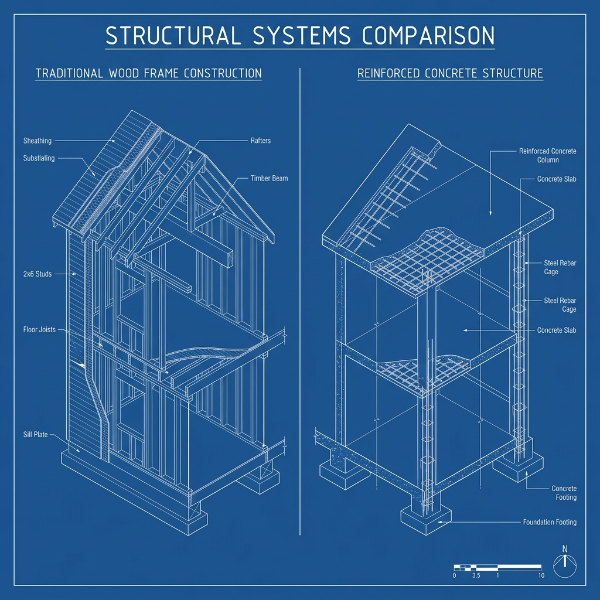 목조주택과 철근콘크리트 구조의 구조적 차이