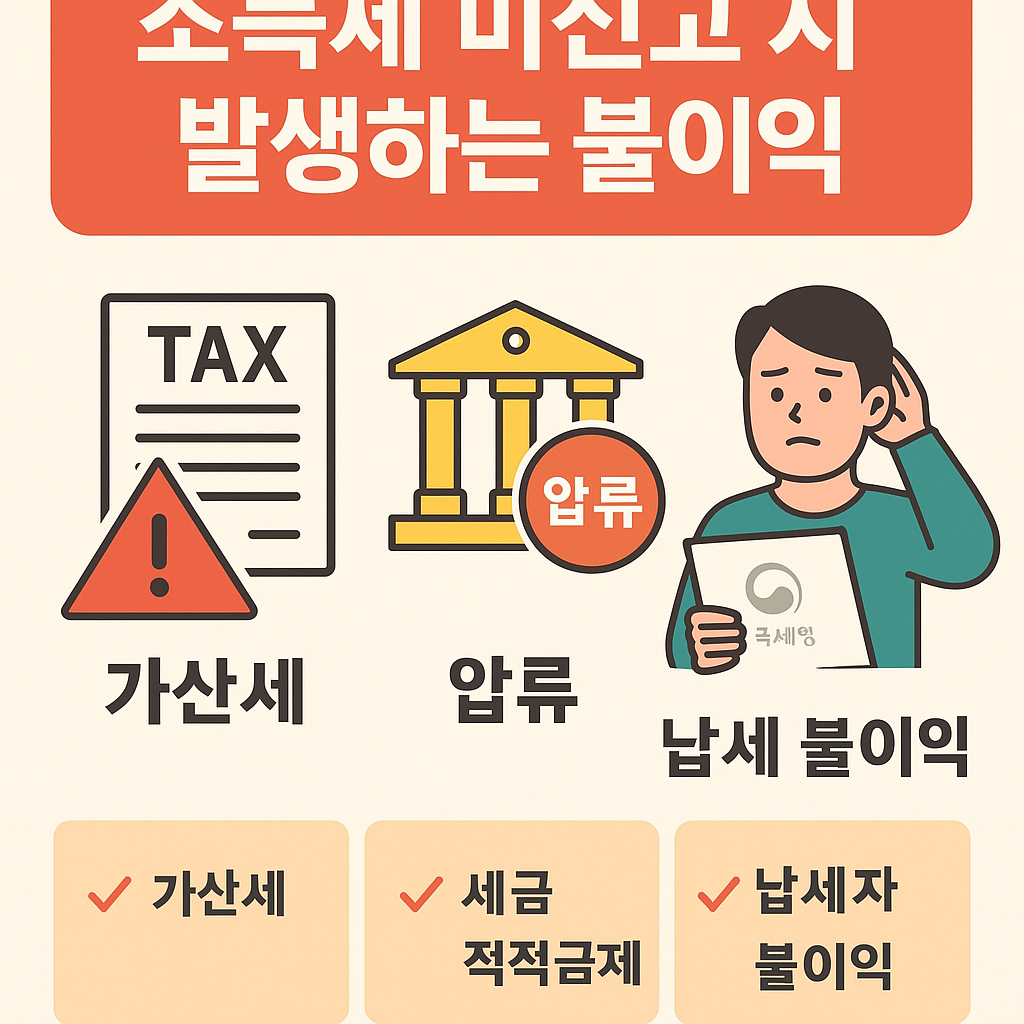 소득세를 신고하지 않았을 때 발생할 수 있는 불이익을 경고하는 인포그래픽 – 가산세, 압류, 납세불이익 등을 아이콘과 함께 표현