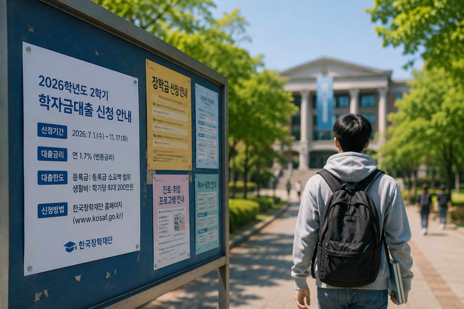 우산과 책가방을 들고 비 오는 대학 캠퍼스를 걷는 학생 모습