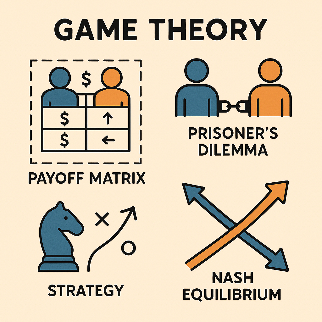 이 그림은 게임 이론의 핵심 개념인 보상 행렬, 죄수의 딜레마, 전략, 내시 균형을 시각적으로 표현한 인포그래픽입니다.