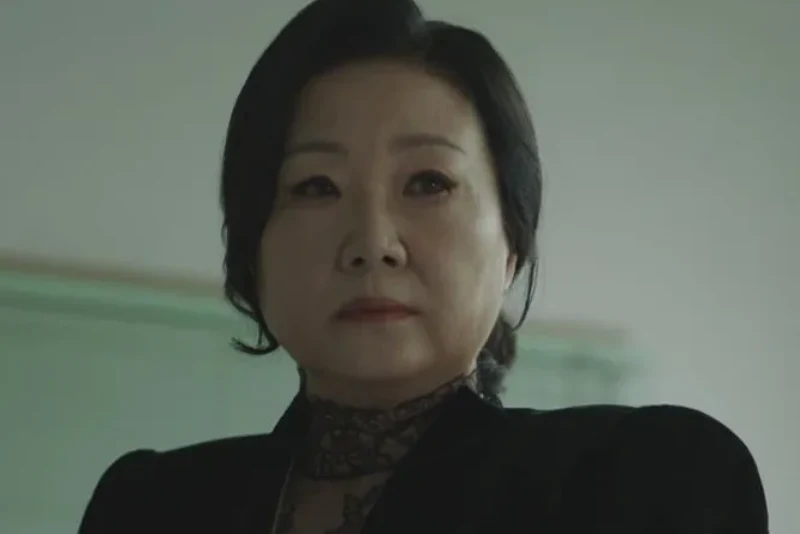 어느 실내를 배경으로 세련된 검은 자켓과 화장을 하고 누군가를 무섭게 응시하는 나병희