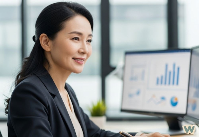 갱년기 건망증을 극복하고 자신감 있게 업무를 처리하는 중년 직장여성이 사무실에서 미소지으며 일하는 모습 via canva