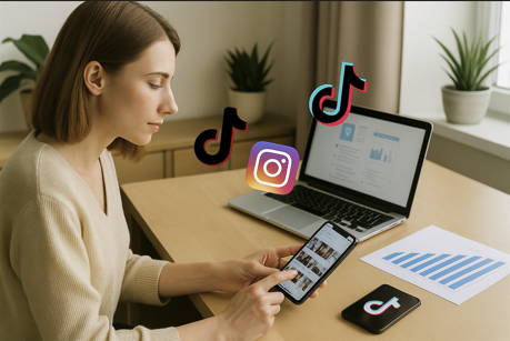 노트북 앞에 앉아 AI를 활요한 SNS 콘텐츠 기획 중인 사람. 주변에는 인스타그램, 틱톡 로고 혹은 스마트폰 화면