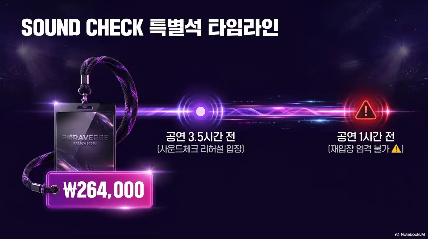 BTS 부산 공연 사운드체크 특별석 264,000원 타임라인, 공연 3.5시간 전 리허설 입장 후 1시간 전 재입장 엄격 불가 안내