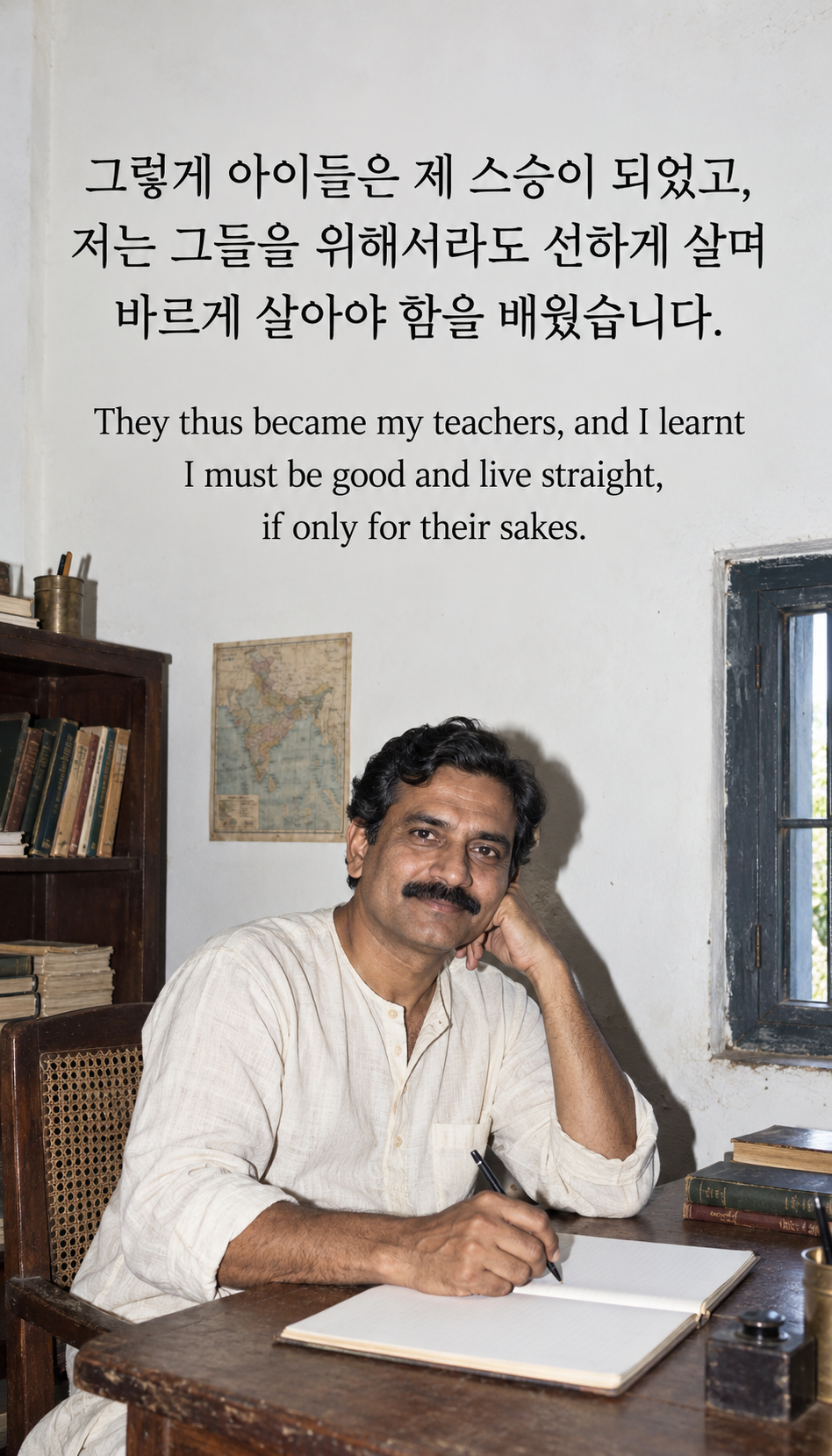 그렇게 아이들은 제 스승이 되었고, 저는 그들을 위해서라도 선하게 살며 바르게 살아야 함을 배웠습니다. &mdash; 시대 복식의 교사가 공책을 든 모습, 온카메라 플래시 스냅샷