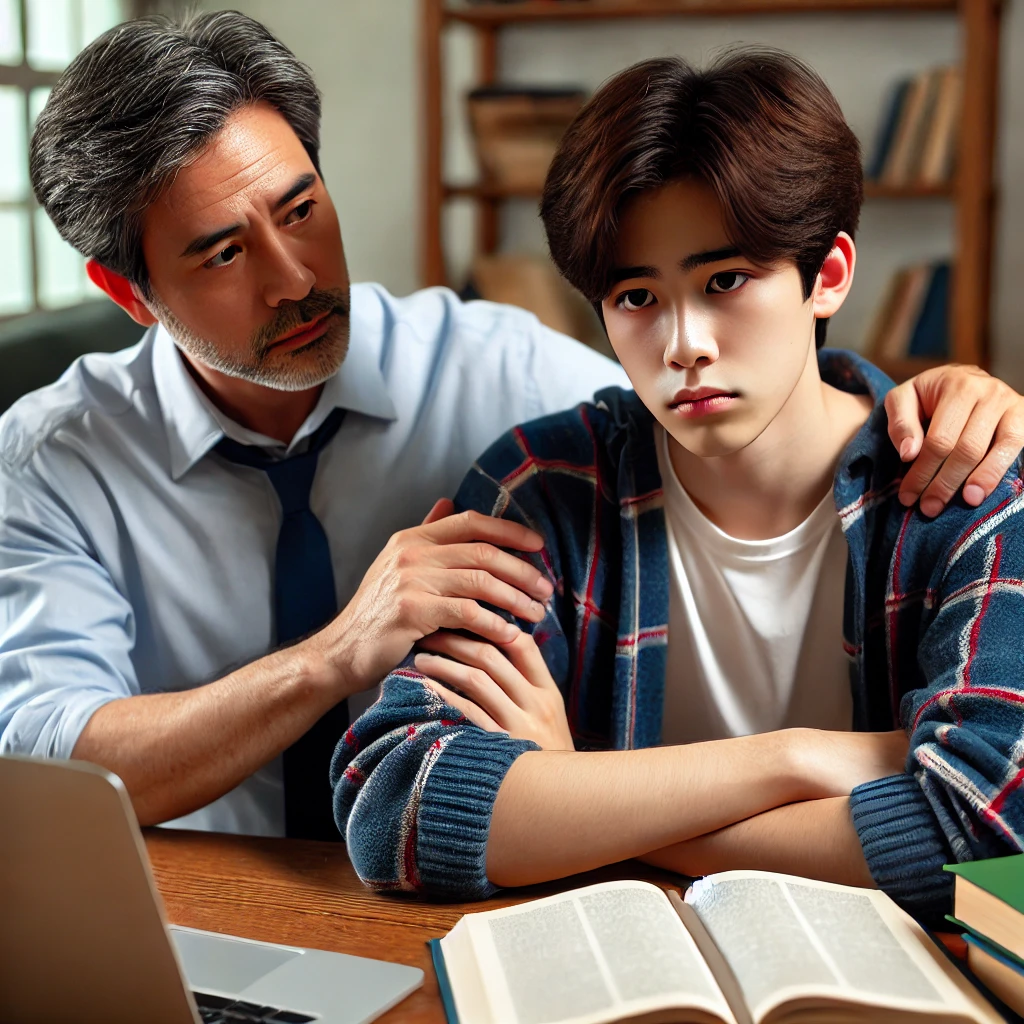 책상에 앉아 낙담한 아들을 격려하며 손을 얹고 있는 아버지