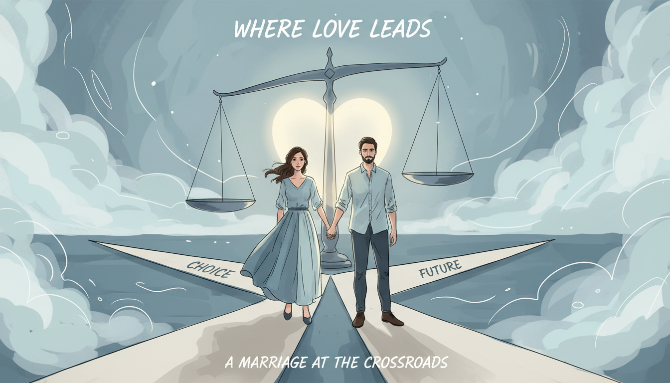 부부 관계의 위기와 회복을 상징하는 저울과 따뜻한 하트 일러스트 이미지