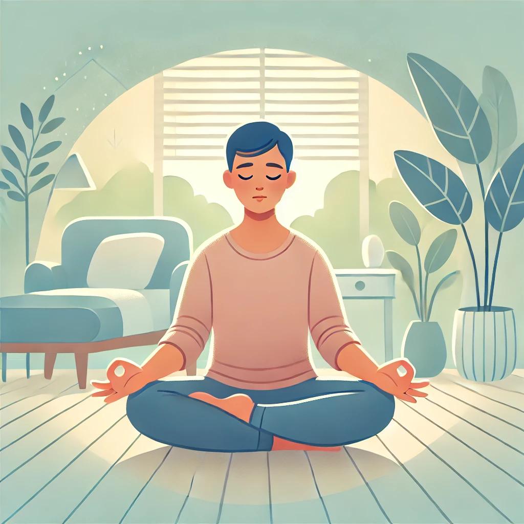 명상하거나 깊은 숨을 쉬며 스트레스 해소하는 사람